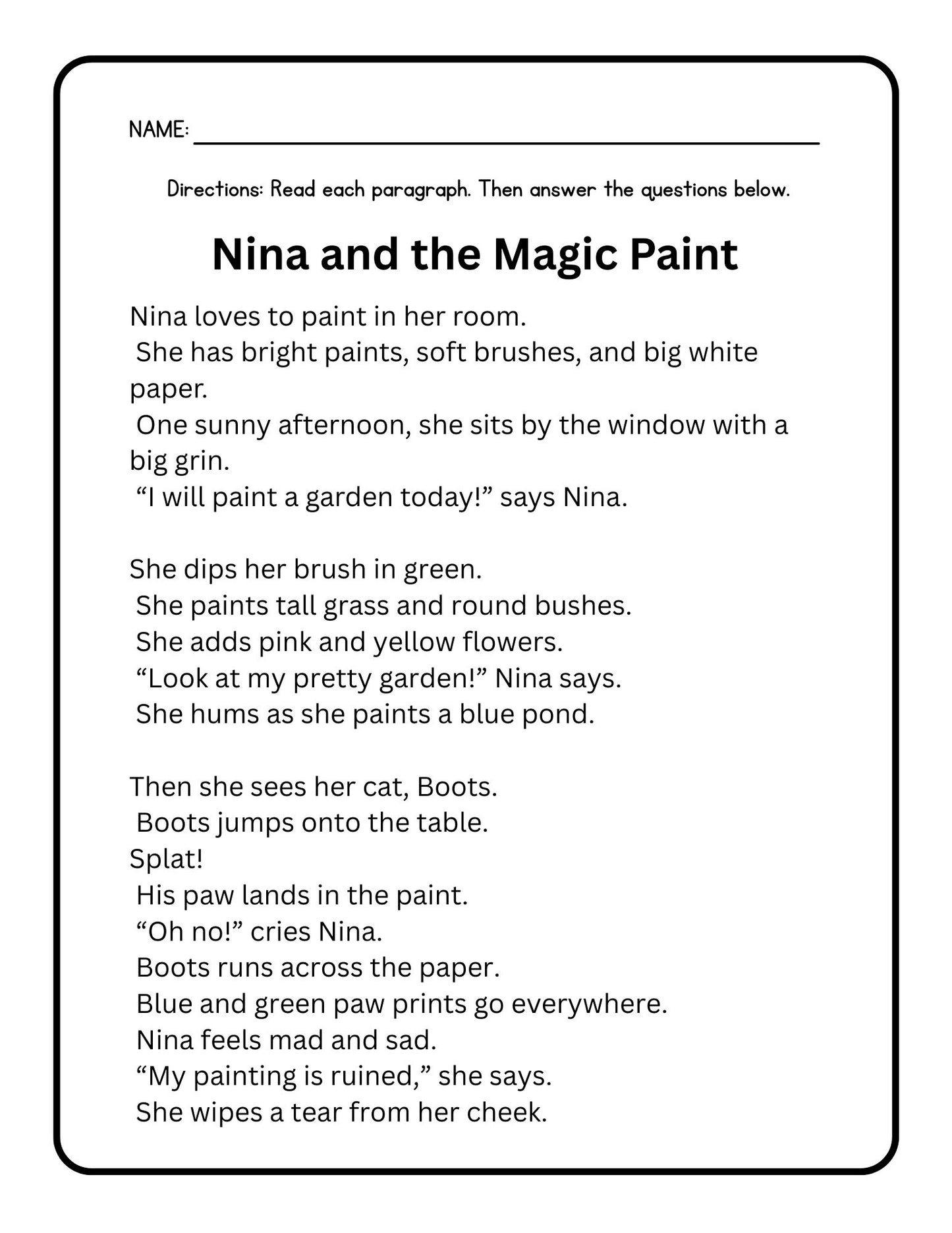 First Grade Reading Comprehension Decodable Passages 6