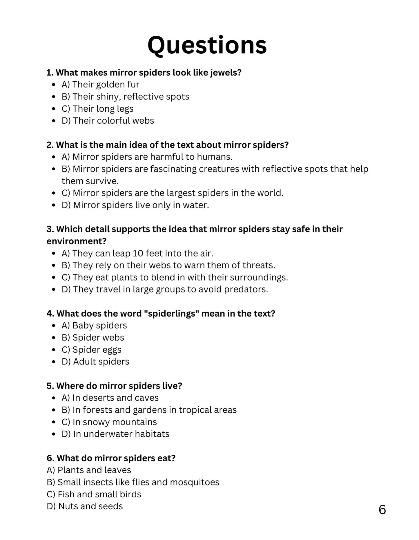 30 Minute Reading Test Grade 3: Spiders