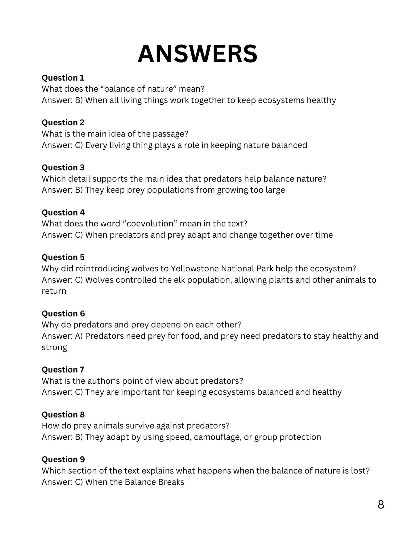 WIZ KIDS READING TEST GRADE 5: Predators and Prey in the Wild
