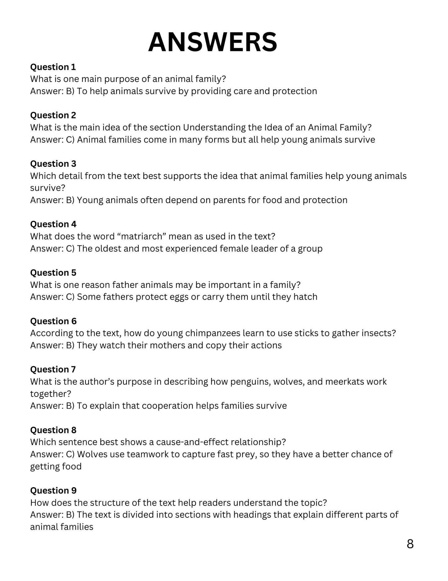 WIZ KIDS READING TEST GRADE 5: ANIMAL FAMILIES