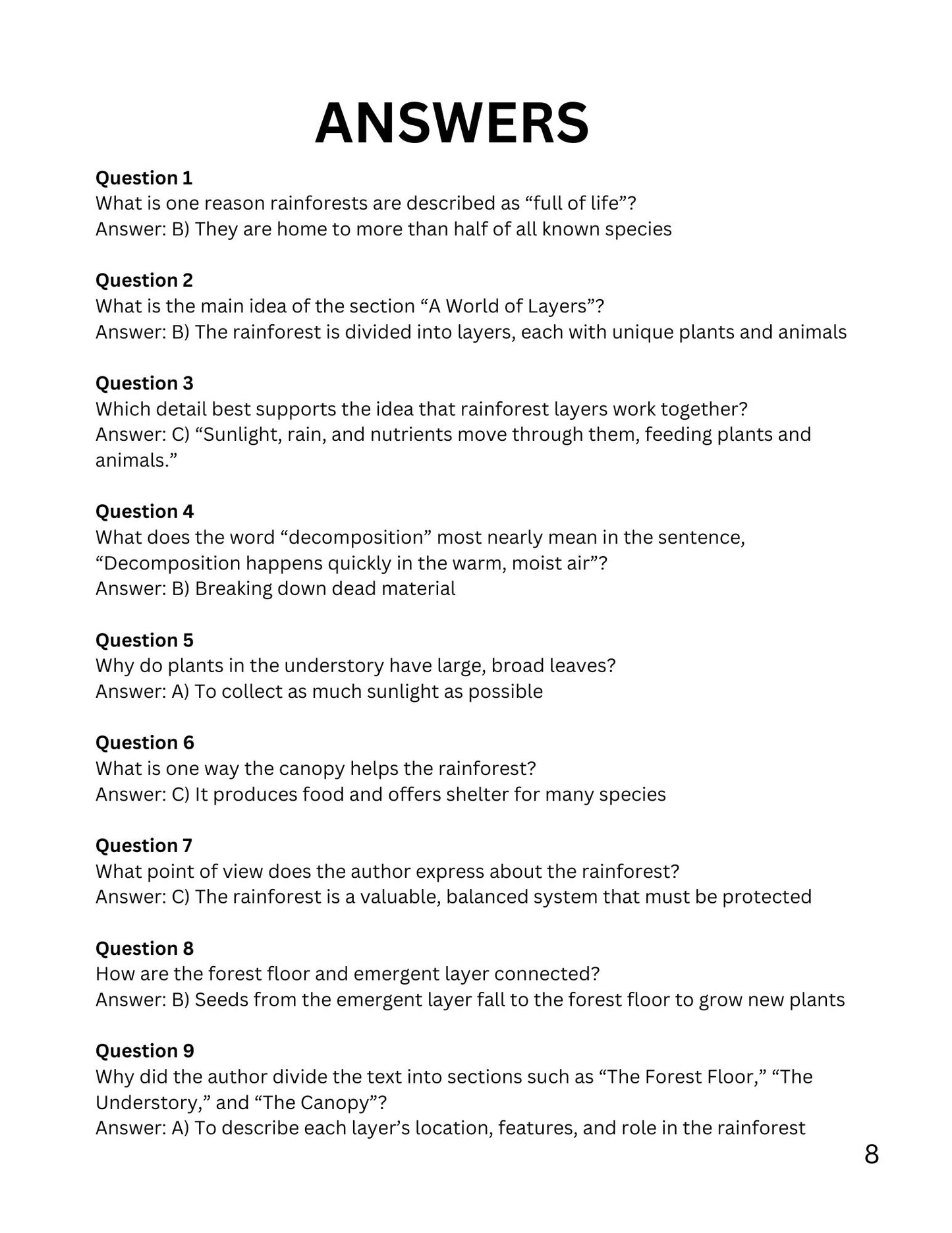 WIZ KIDS READING TEST GRADE 5: Rainforest Animals of the World