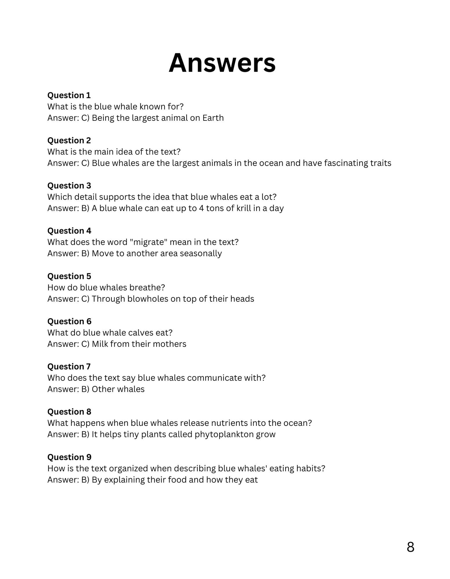 30 Minute Reading Test Grade 3:Sea Animals