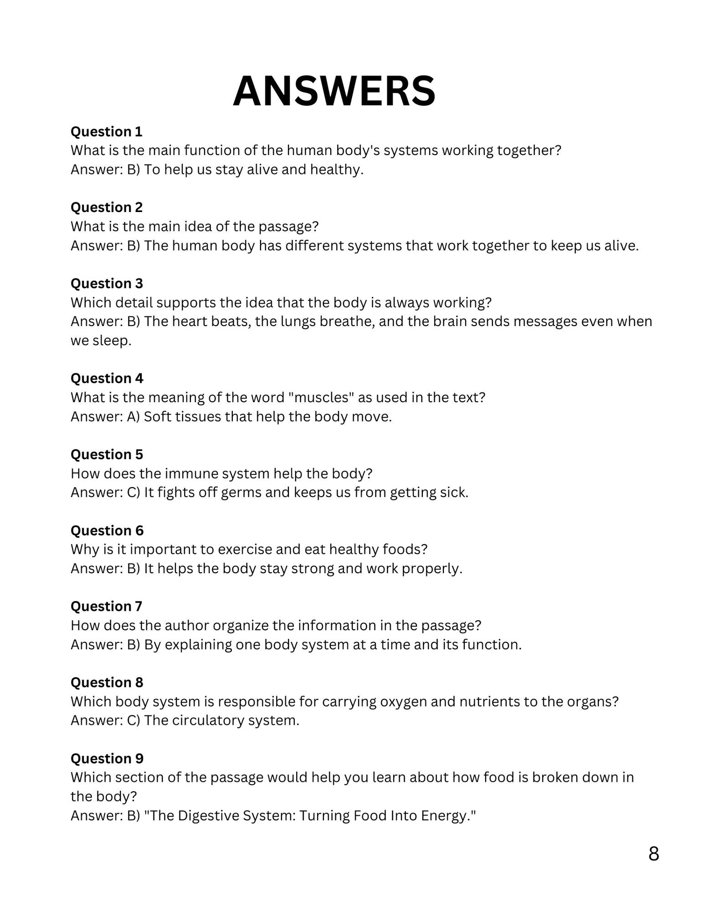 WIZ KIDS READING TEST GRADE 4: The Human Body and Health