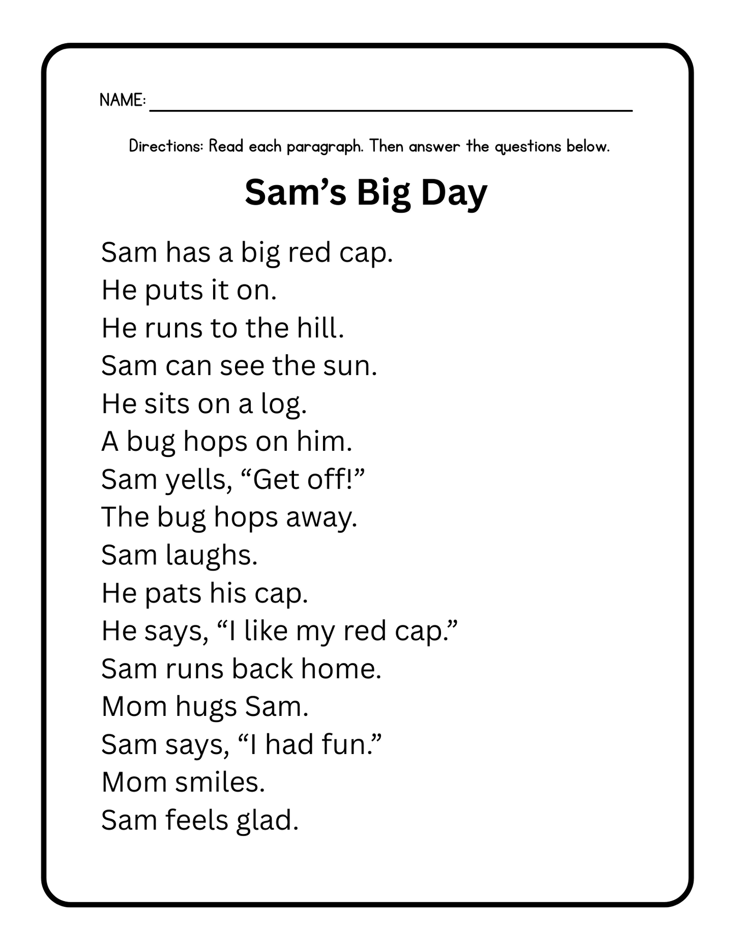 Kindergarten Reading Comprehension Decodable Passages 1