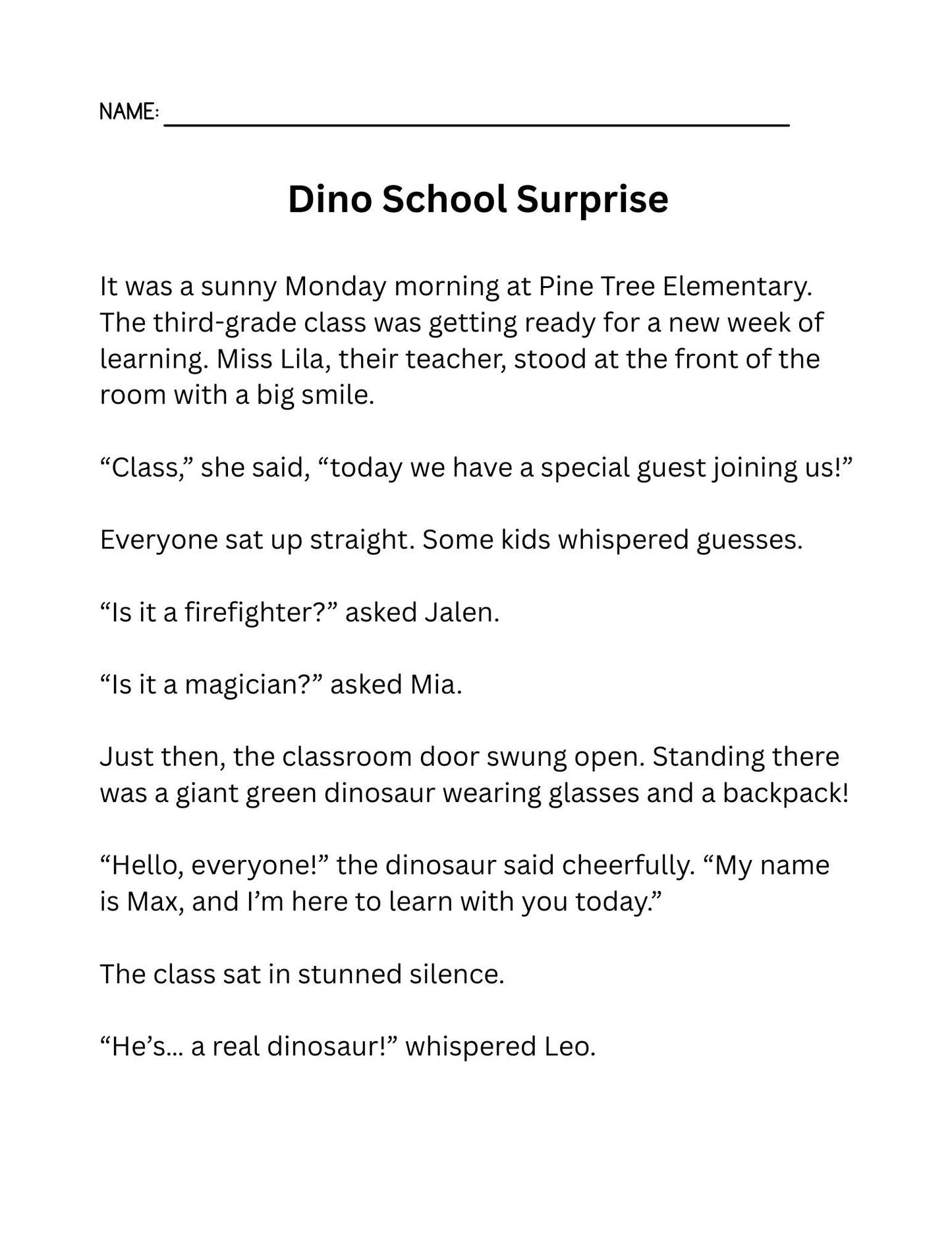 Dinosaur Coloring Pages Reading Fluency: Third Grade
