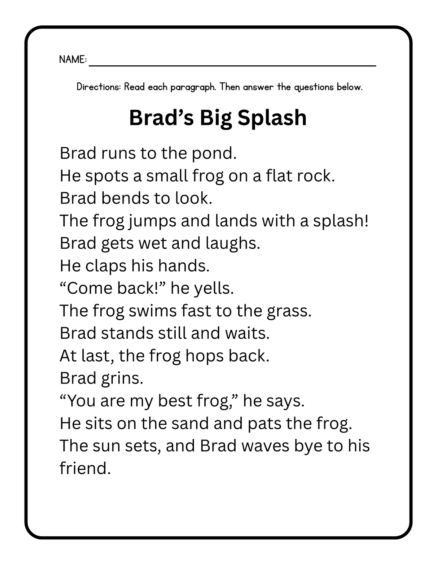 Kindergarten and First Grade Reading Comprehension Decodable Passages 2