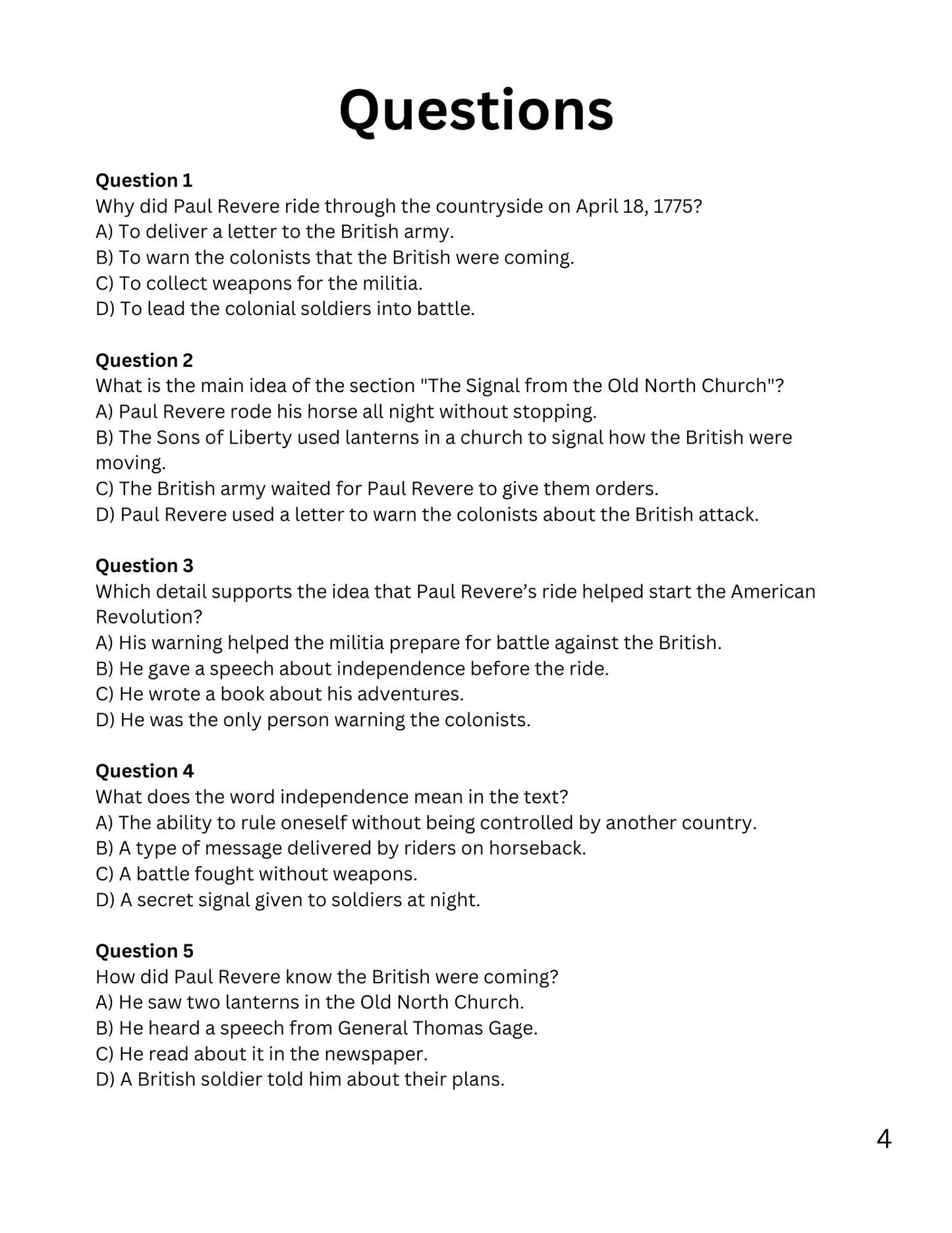Wiz Kids Reading Test Grade 4: Stories from the American Revolution