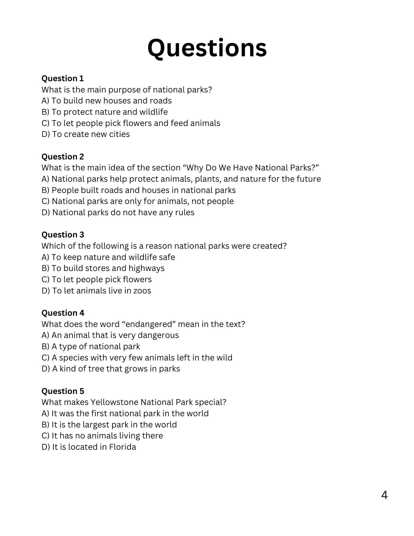 WIZ KIDS READING TEST GRADE 4: National Parks and Wildlife