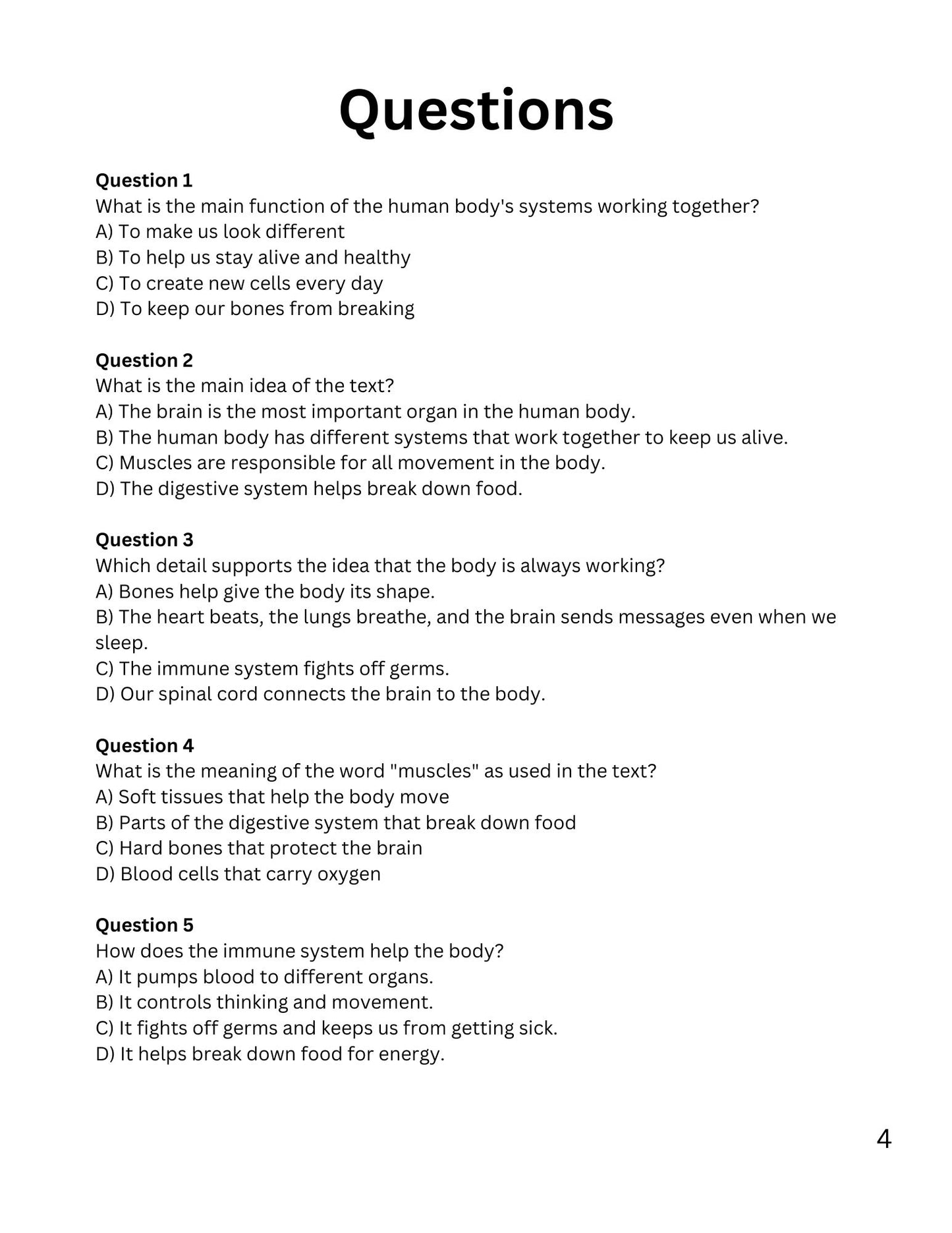 WIZ KIDS READING TEST GRADE 4: The Human Body and Health