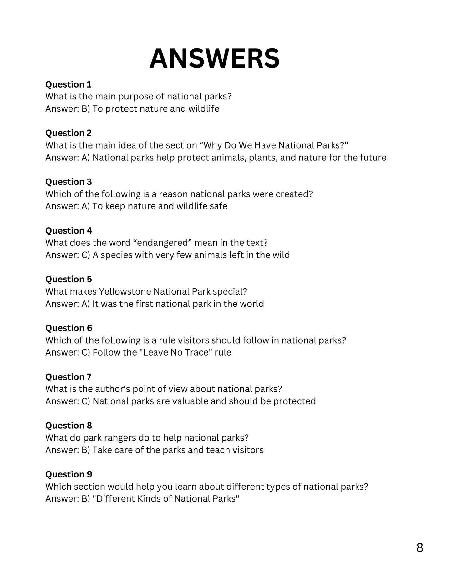 WIZ KIDS READING TEST GRADE 4: National Parks and Wildlife