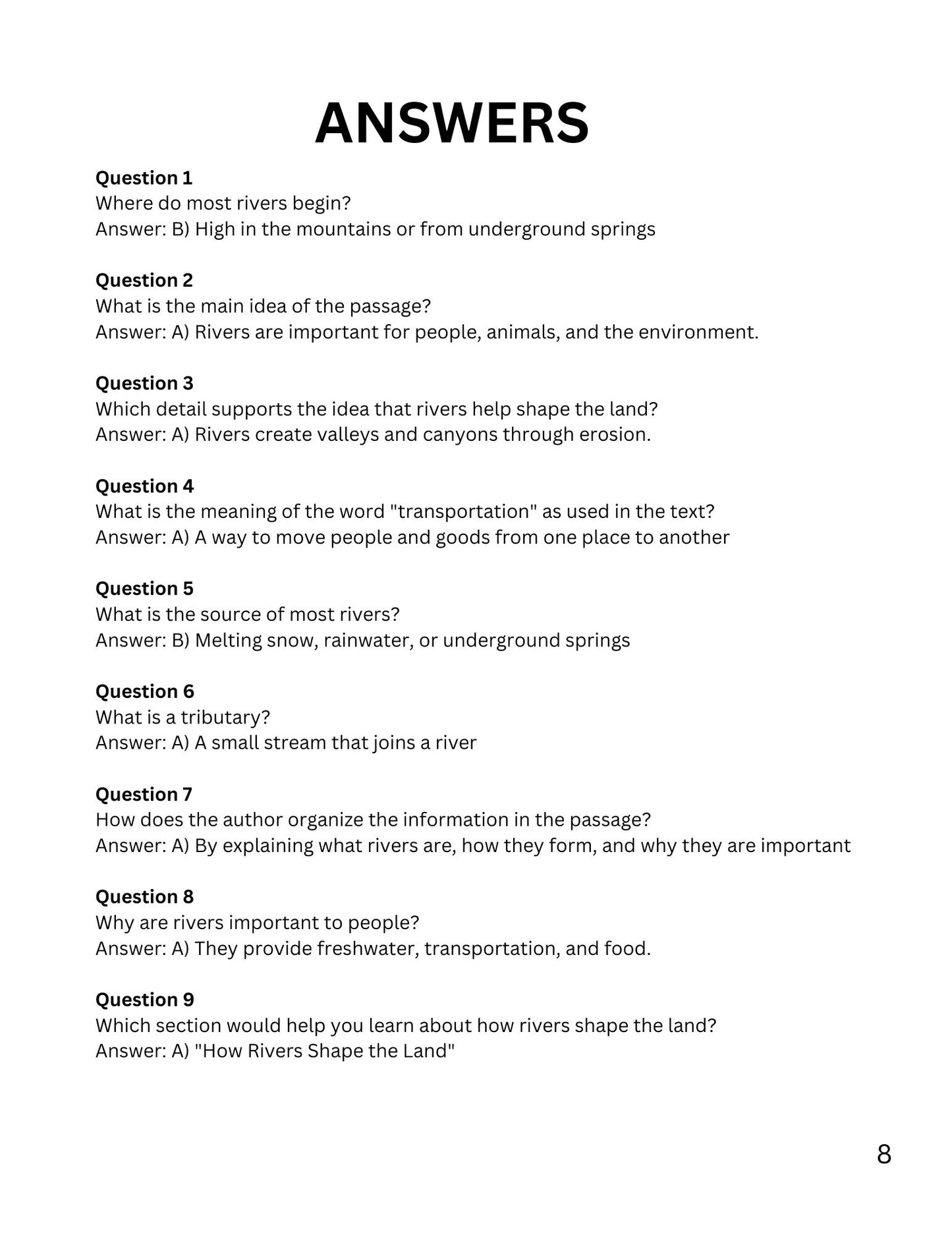 WIZ KIDS READING TEST GRADE 4: Rivers, Lakes and Water Cycles