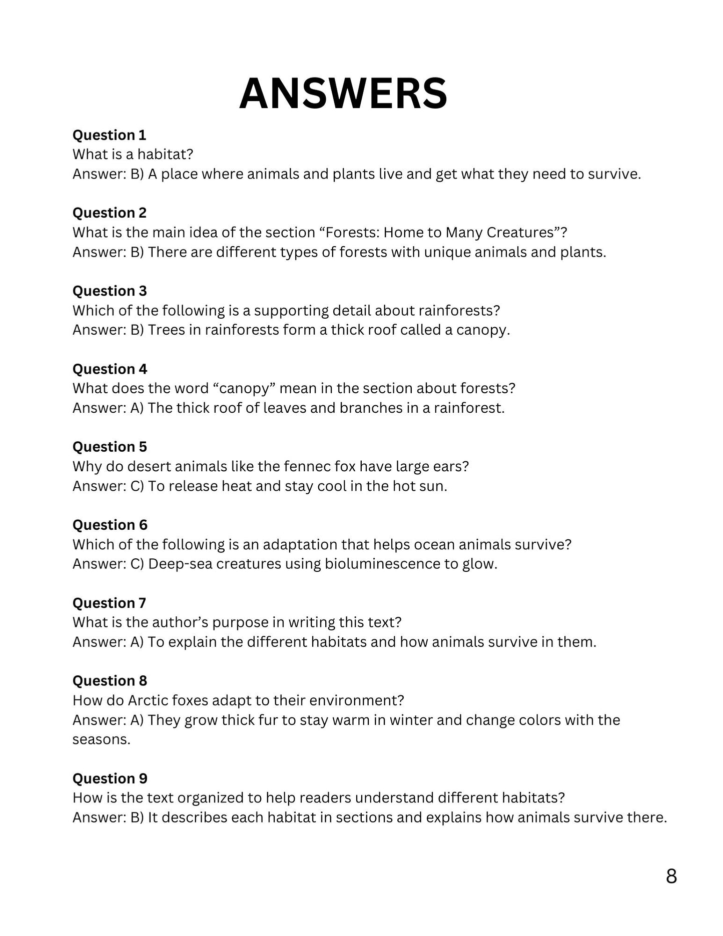 WIZ KIDS READING TEST GRADE 4: Animals and Their Habitats