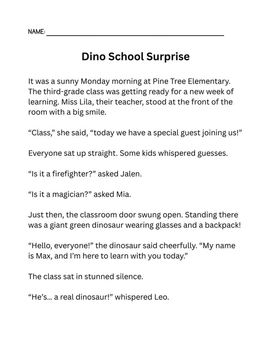 Dinosaur Coloring Pages Reading Fluency: Third Grade