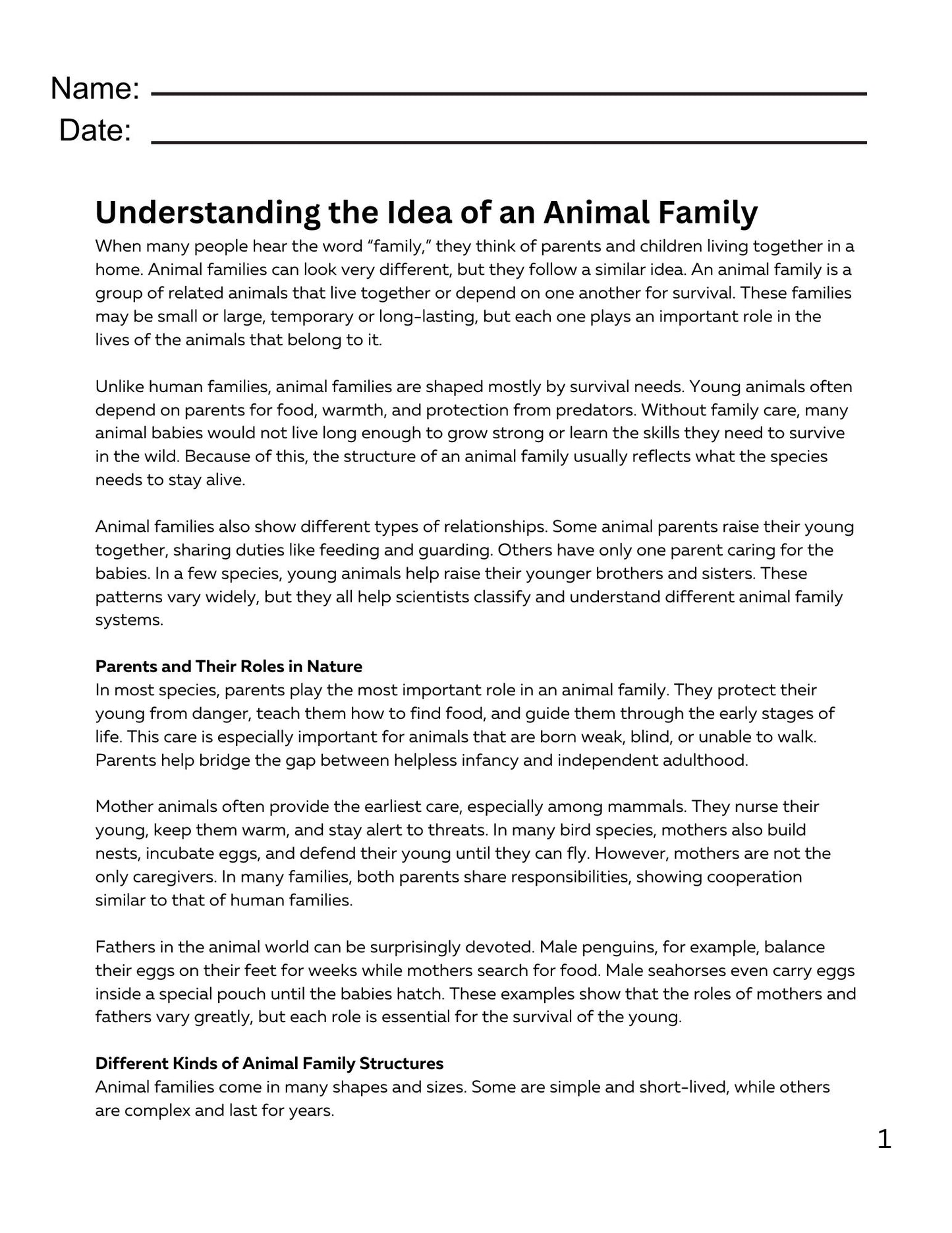 WIZ KIDS READING TEST GRADE 5: ANIMAL FAMILIES
