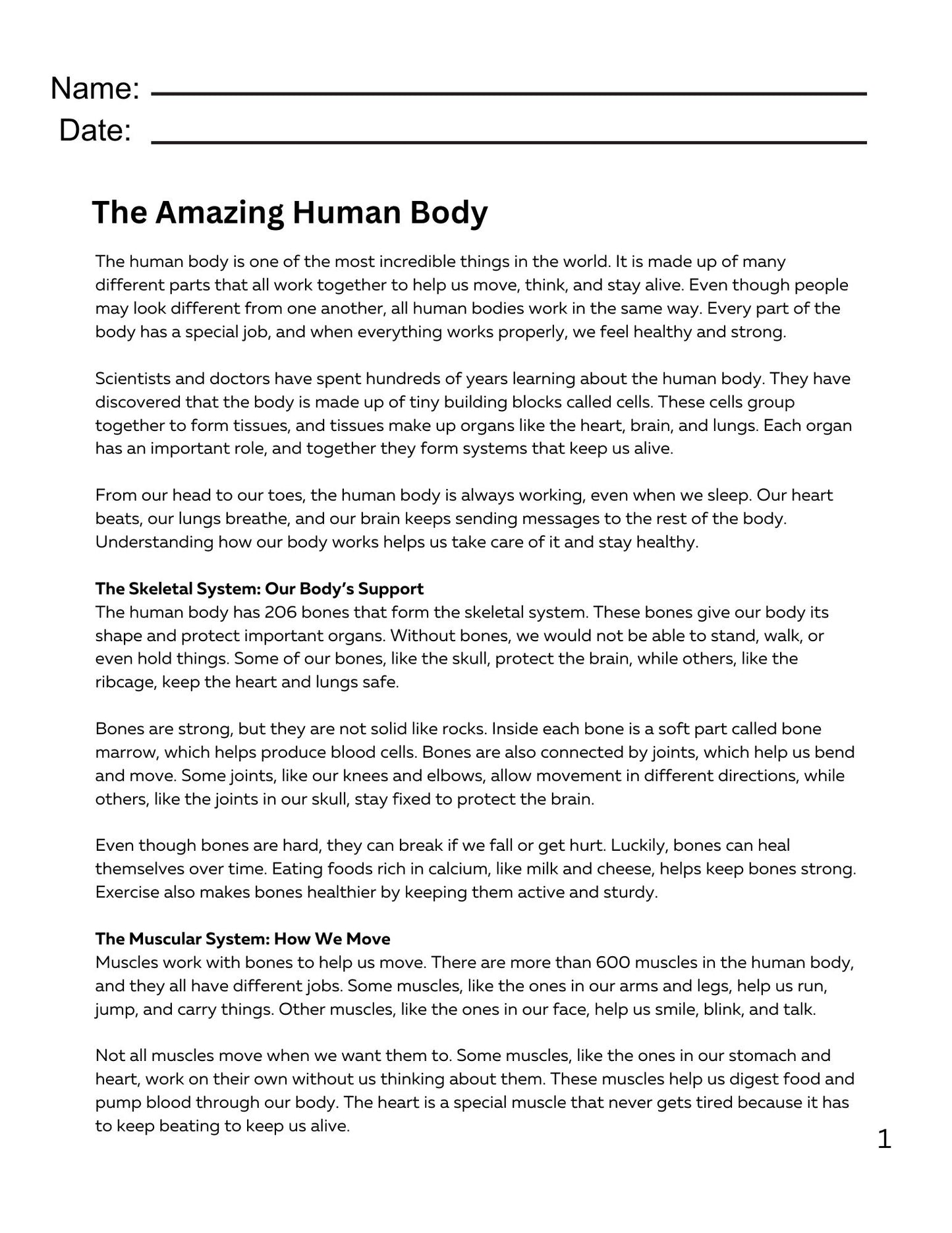 WIZ KIDS READING TEST GRADE 4:   The Human Body and Health