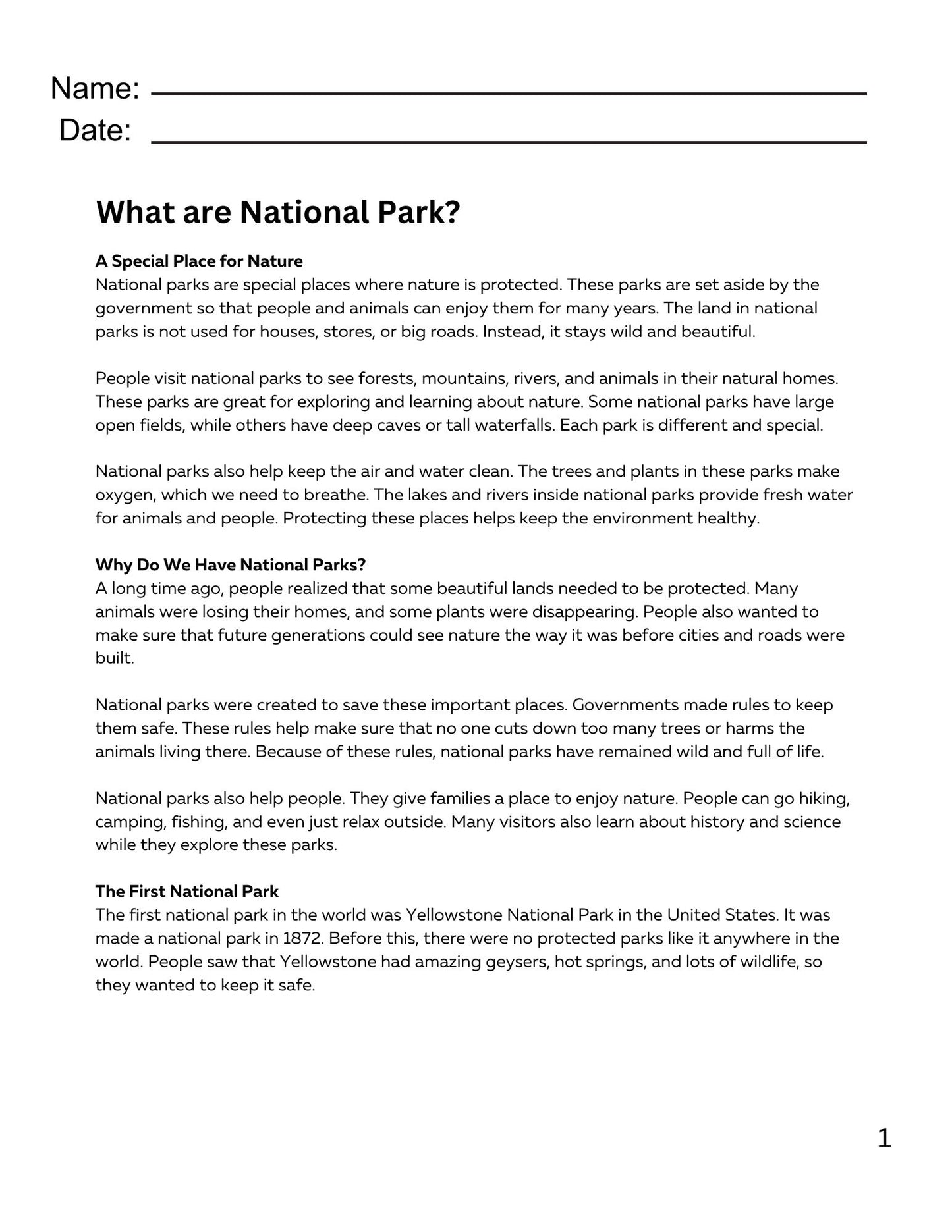 WIZ KIDS READING TEST GRADE 4: National Parks and Wildlife