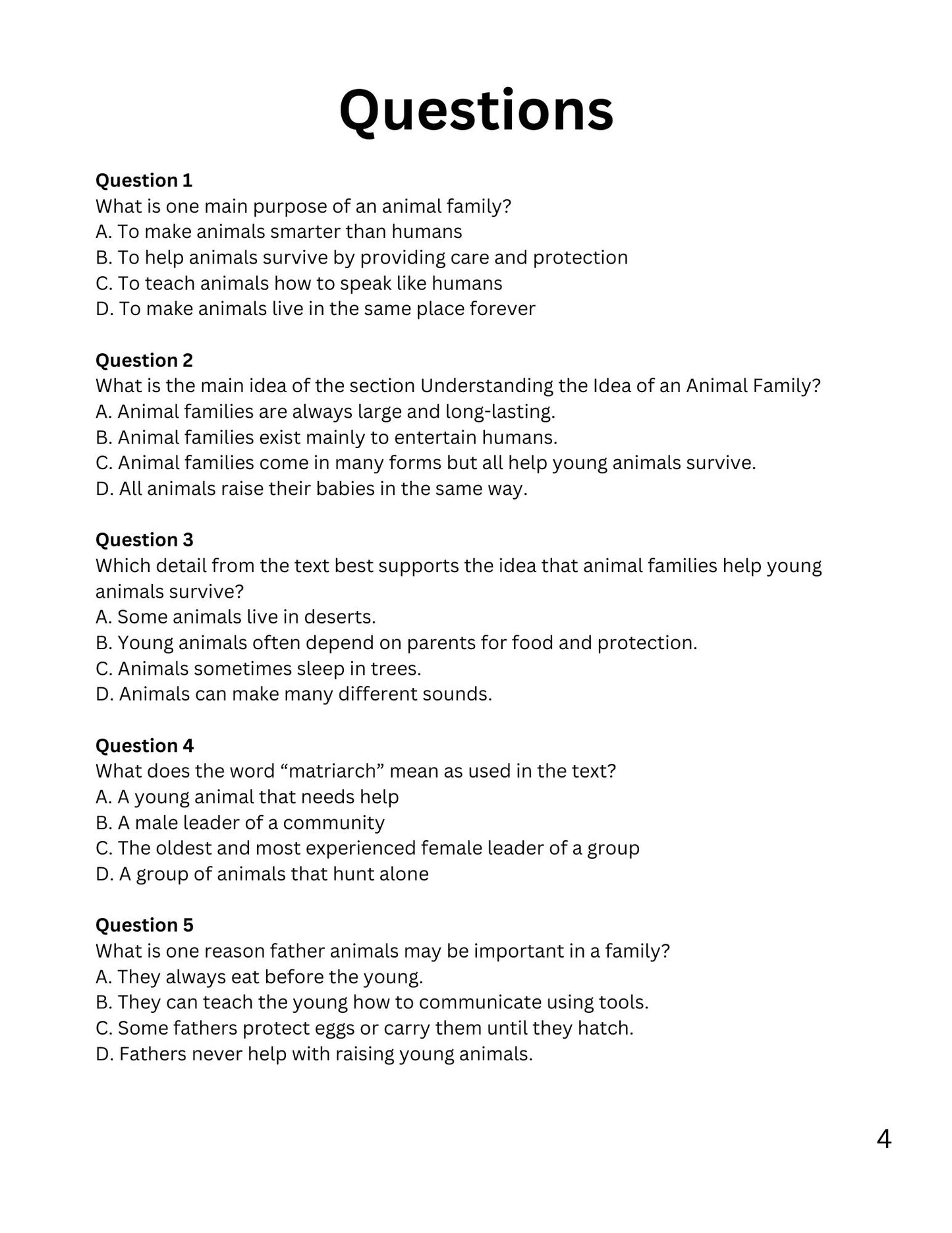 WIZ KIDS READING TEST GRADE 5: ANIMAL FAMILIES