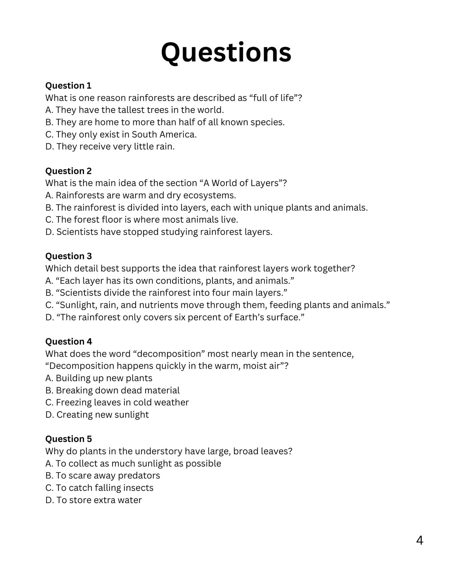 WIZ KIDS READING TEST GRADE 5: Rainforest Animals of the World