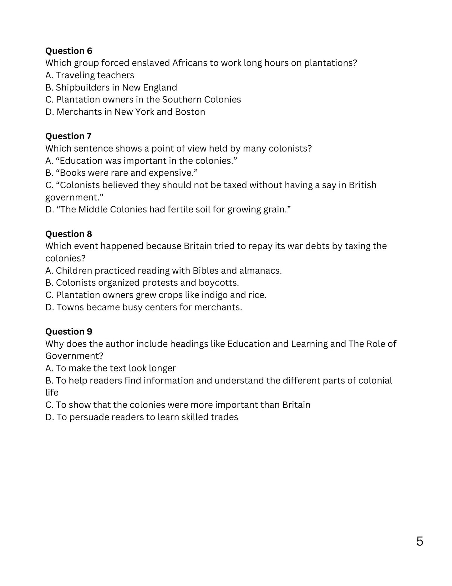 WIZ KIDS READING TEST GRADE 5: The road to American Independence