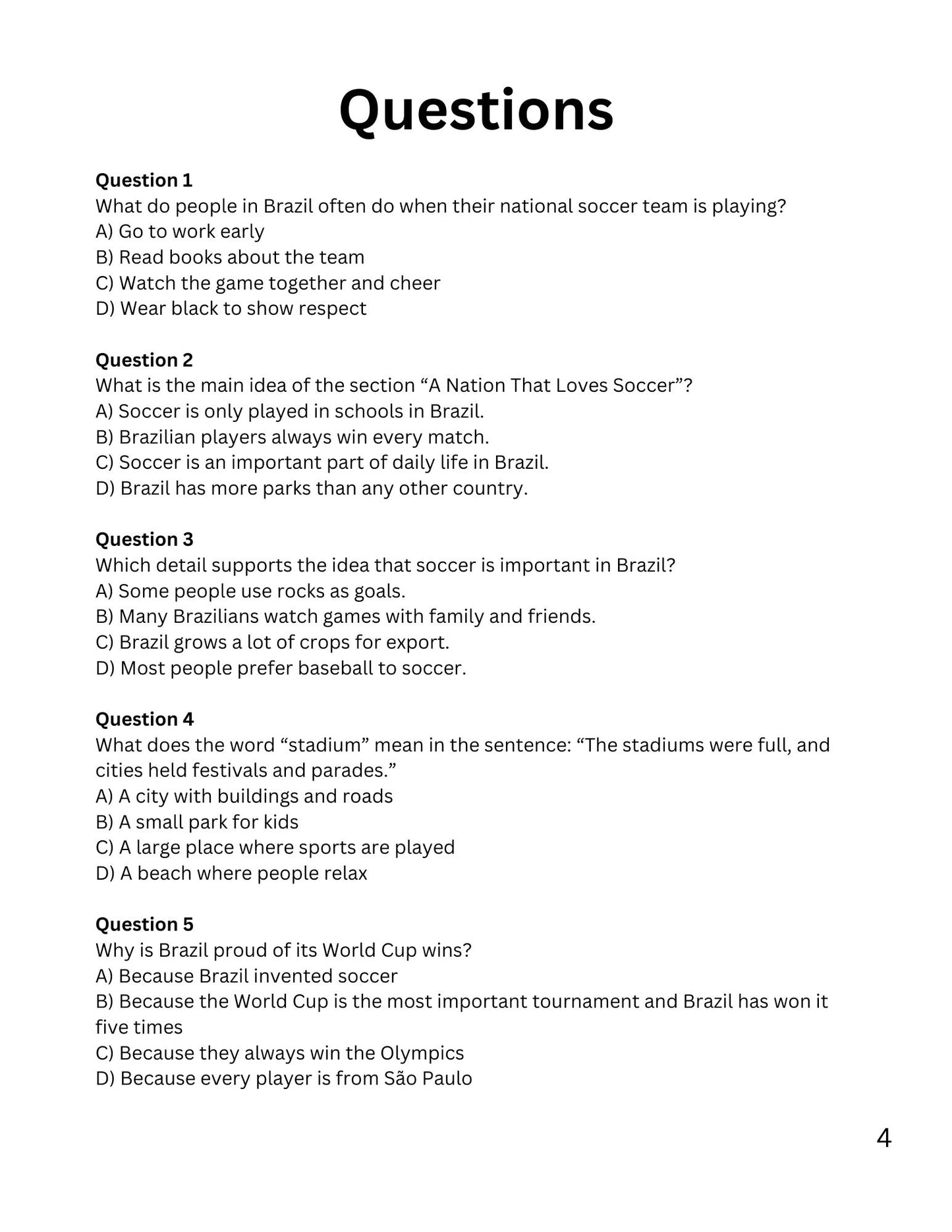 Wiz Kids Reading Test Grade Four: Sports Around the World