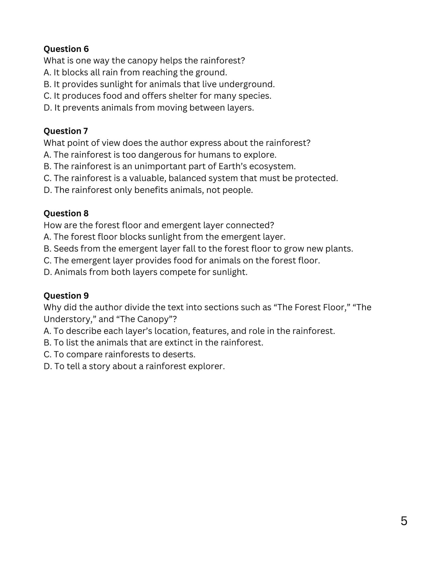 WIZ KIDS READING TEST GRADE 5: Rainforest Animals of the World