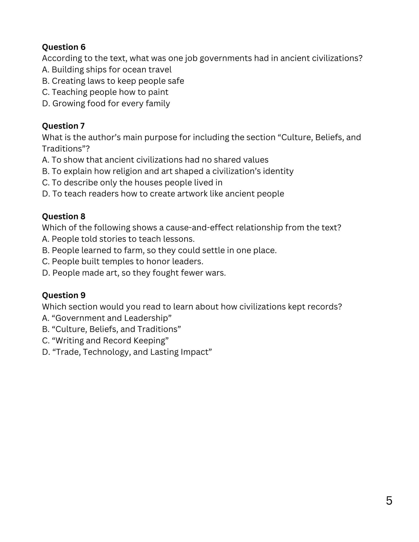 WIZ KIDS READING TEST GRADE 5: Ancient Civilizations of The World