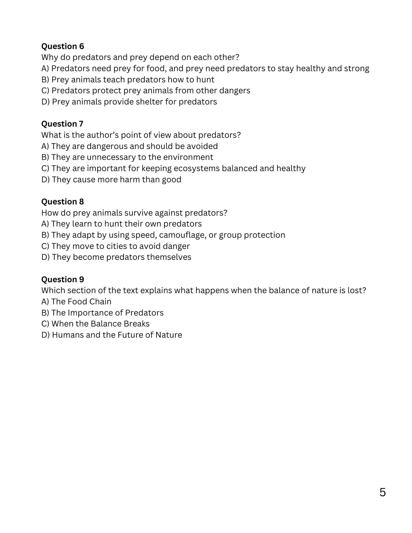 WIZ KIDS READING TEST GRADE 5: Predators and Prey in the Wild